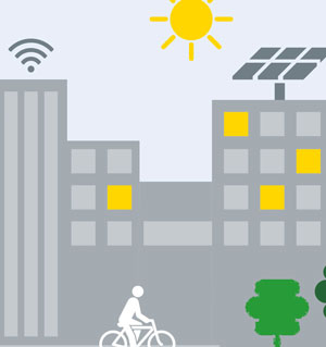 Stilisierte Häuserfassade mit wlan-Sympol, Fahrrad, Sonne, PV-Anlage, Bäume