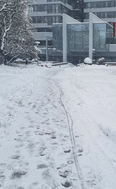 verschneiter Fußweg zum Rathaus