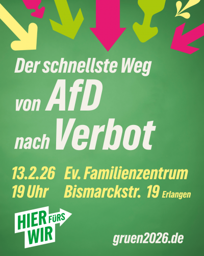 Plakat "Der schnellste Weg von AfD nach Verbot" mit bunten Pfleilen auf grünem Hitnergrund