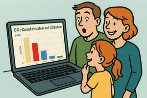 Comic: Frau, Mann und Kind betrachten CO2-Kostenbalken auf einem Notebook